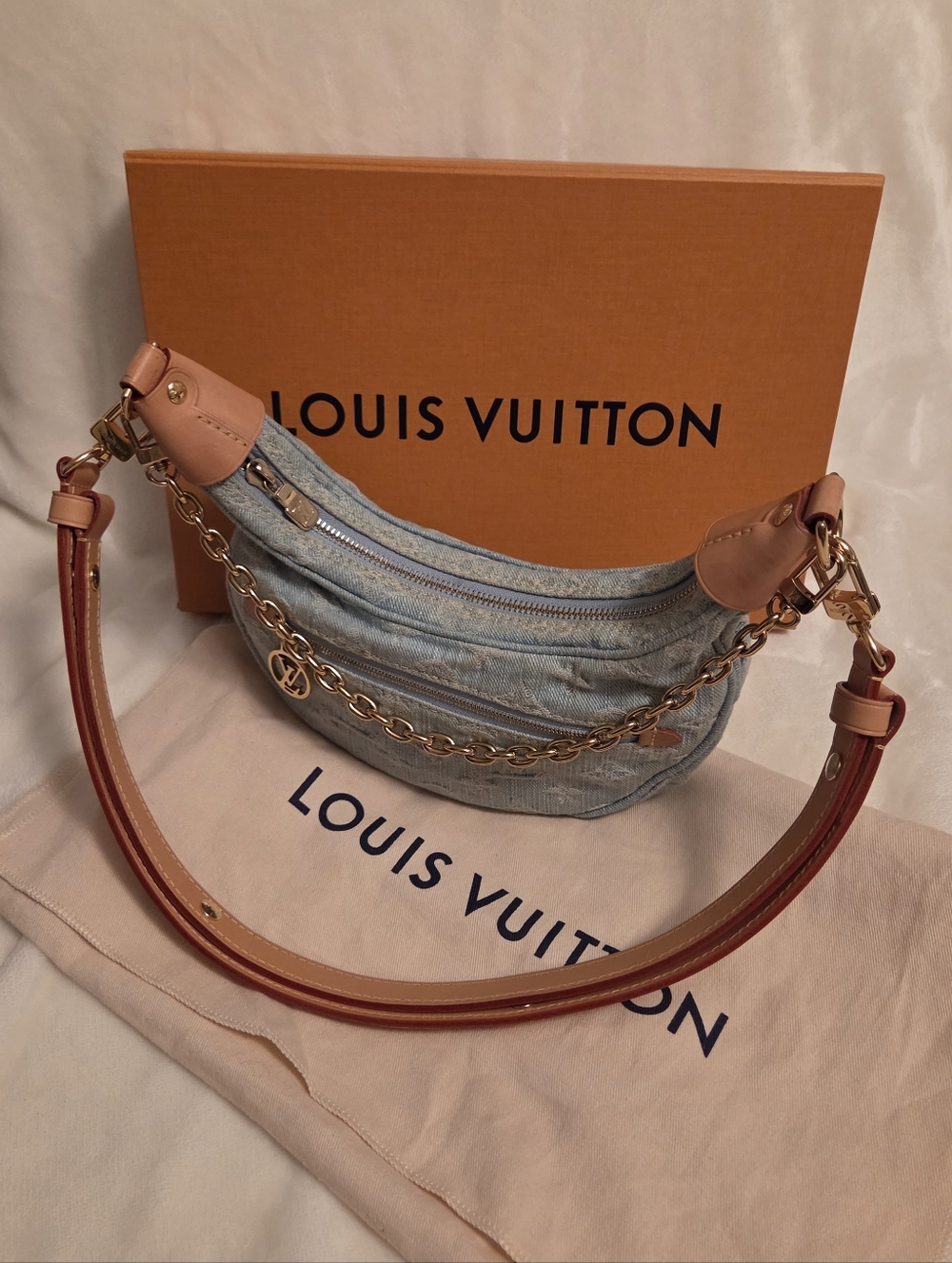 Authentic Louis Vuitton Light Sky Blue Monogram Denim Loop Hobo